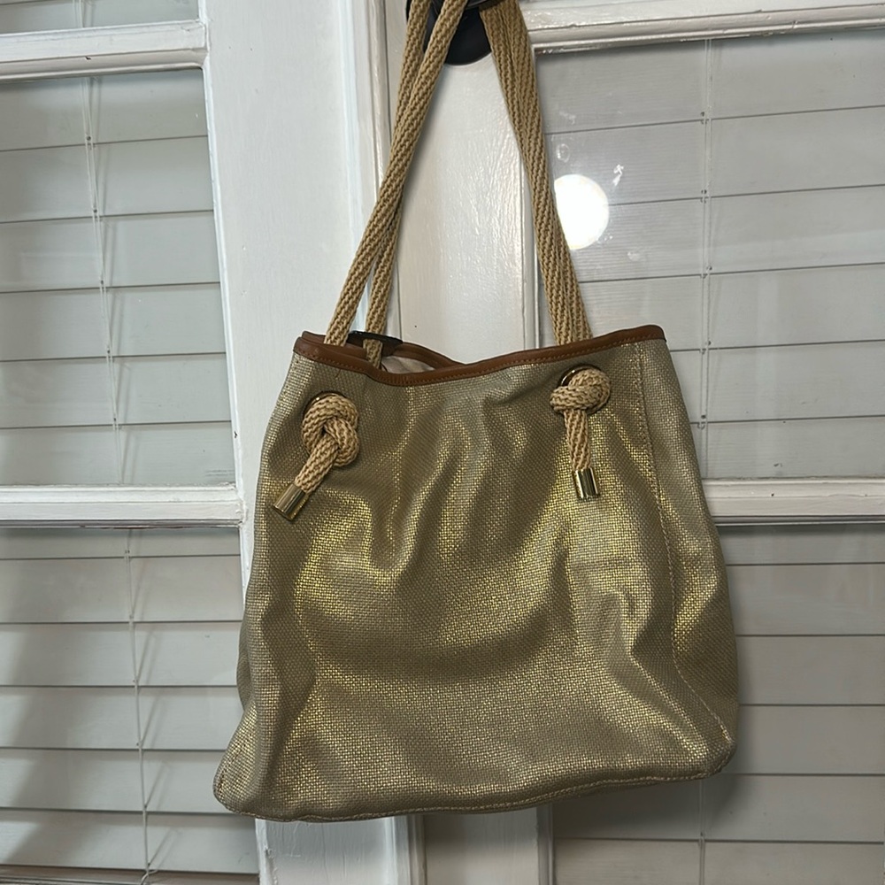Michael Kors Canvas Goldtone Marine Boat Hobo Gold Tote Bag Nautical Knot